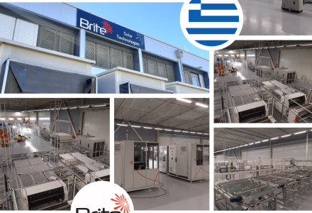 Banner showcasing selected images from Brite Solar’s new high-tech manufacturing plant, dedicated to semi-transparent photovoltaic panel production.