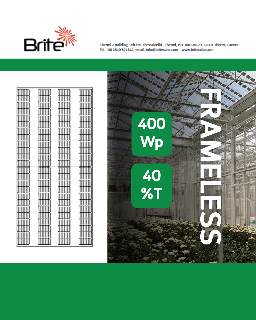 00 kWp frameless photovoltaic panel with 40% transparency for greenhouse and architectural applications.