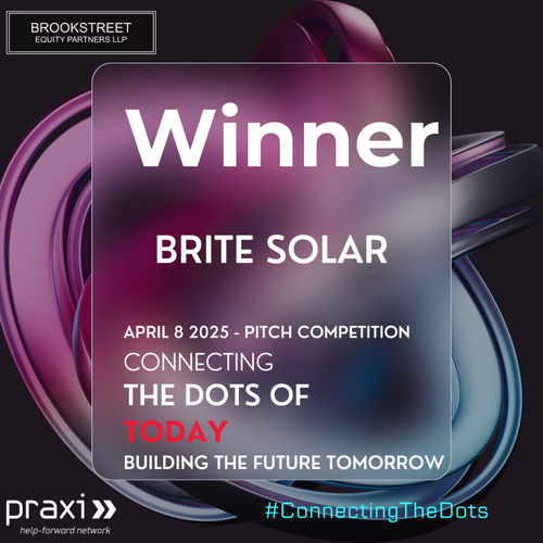 Brite Solar presents its cutting-edge semi-transparent agrivoltaic technology during the PRAXI x Brookstreet Pitch Competition, highlighting the future of energy-efficient farming.